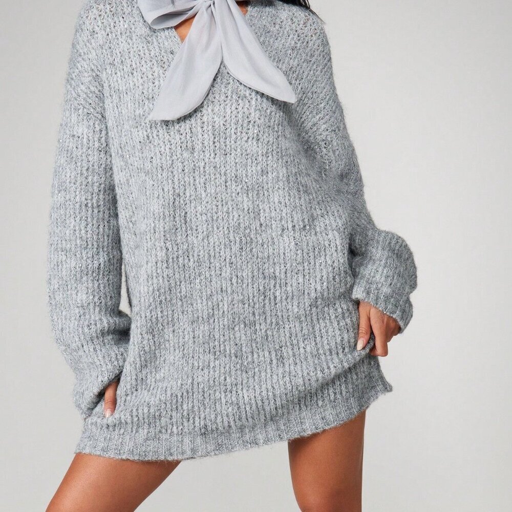 Light Grey Casual Women's Knit Christmas Sweater Dress with Bow Tie - Picture 5 of 5